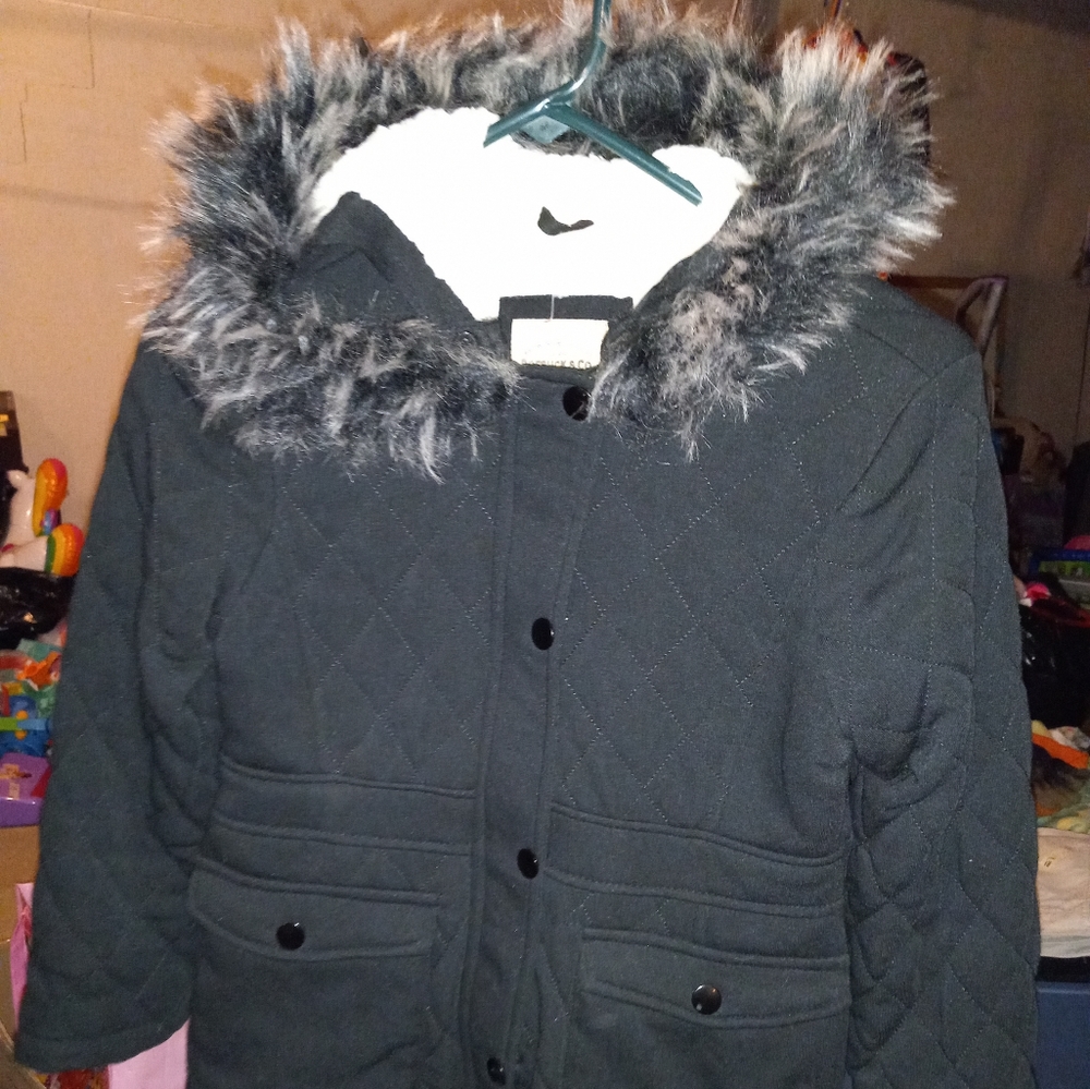 Size XL 16 Girls Black Shearling Coat With Fur Hood by Roebuck and Company